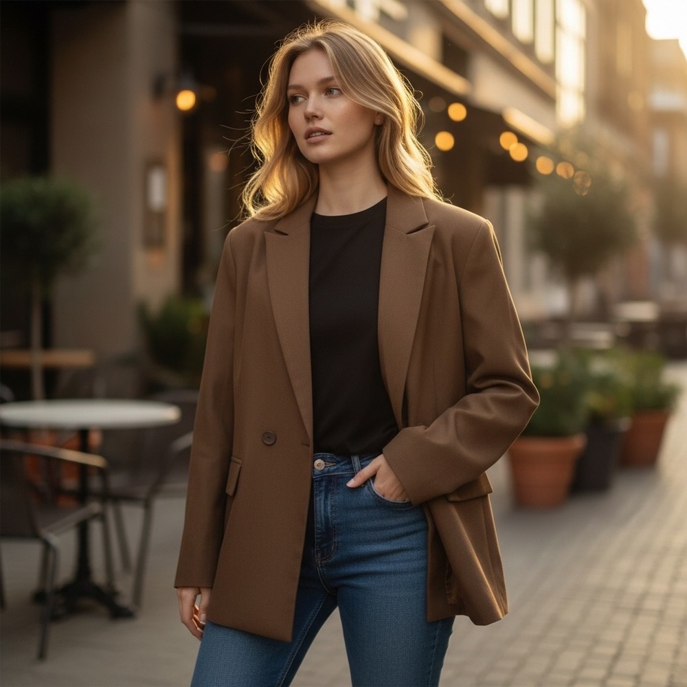 PrettyLittleThing Plus Mocha Double Pocket Detail Double‎ Breasted Blazer 14
